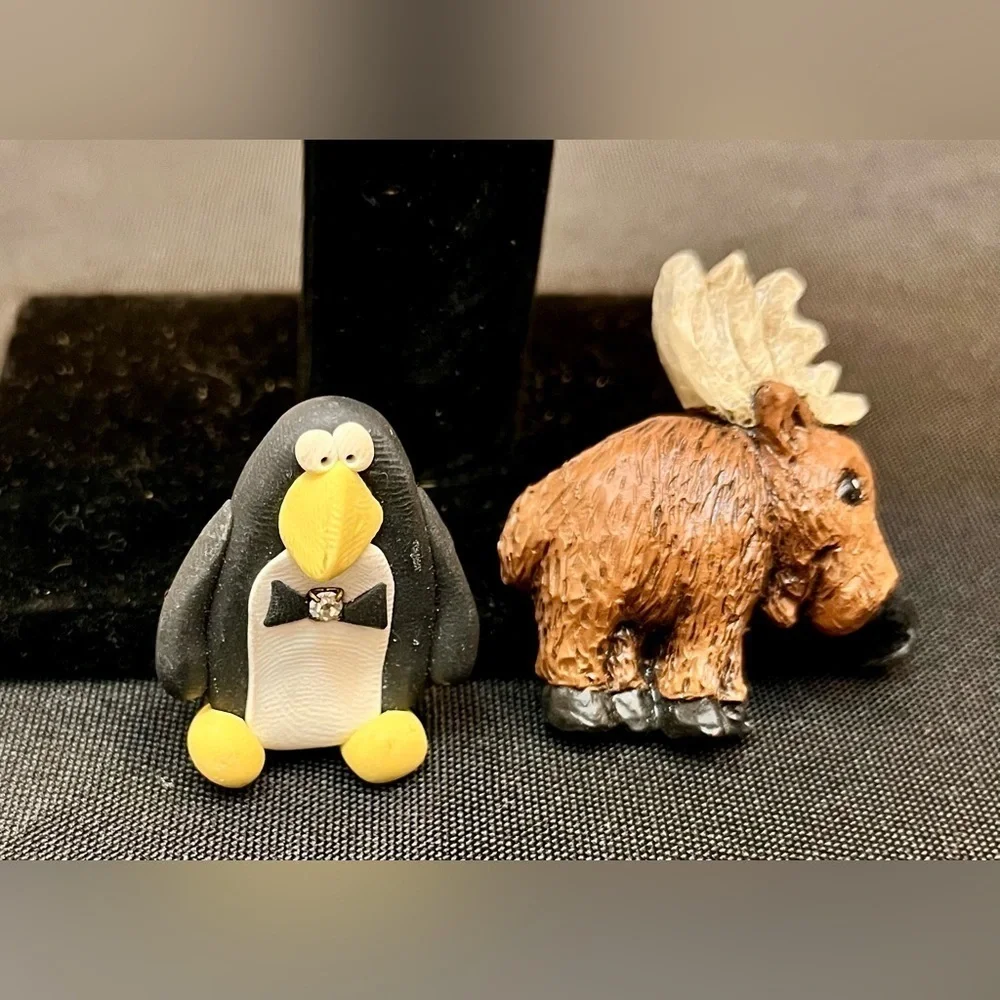 Cute Handmade Polymer Clay Pin Set • Novelty Tuxedo Penguin & Winter Moose Brooc